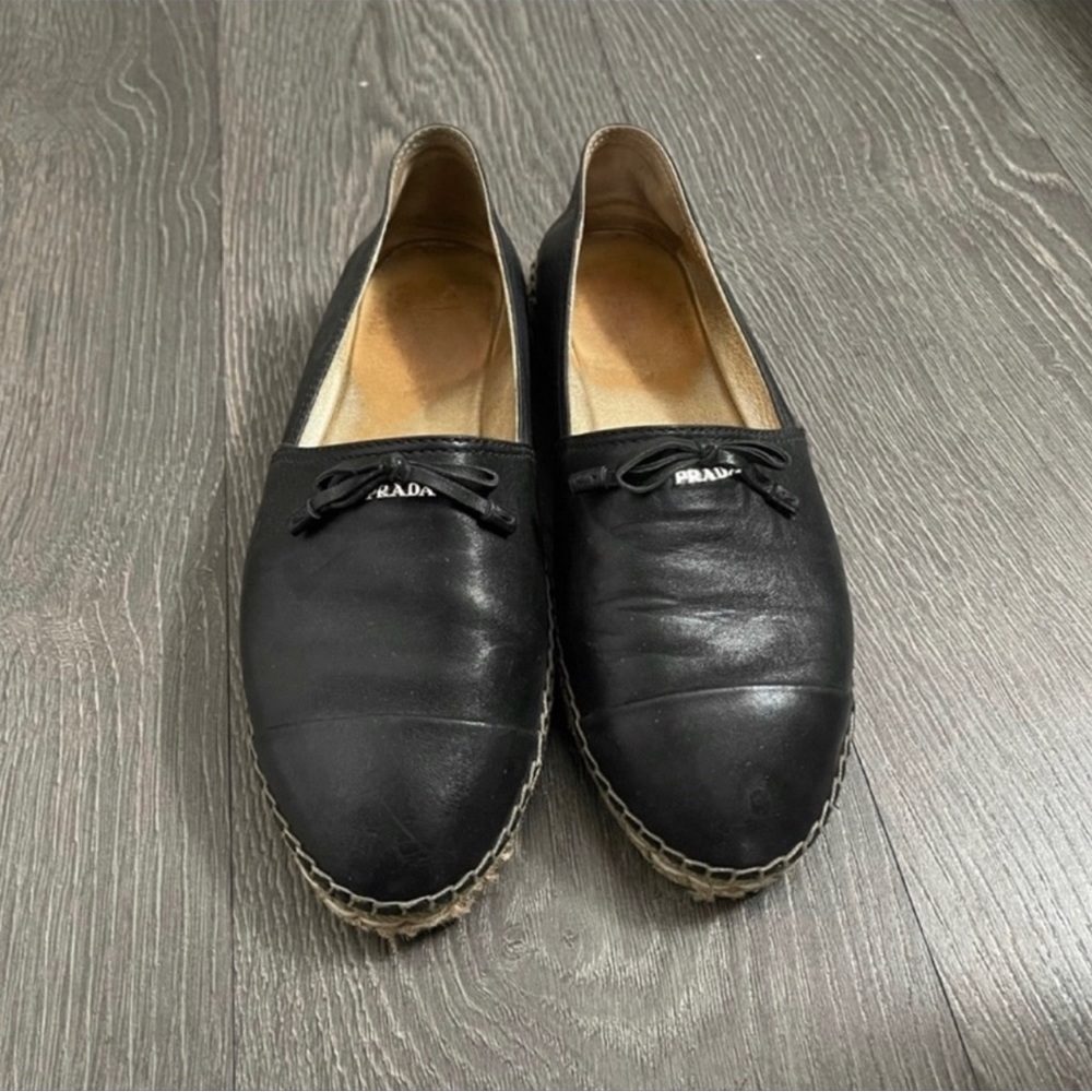 Prada Black Leather Espadrille Flats